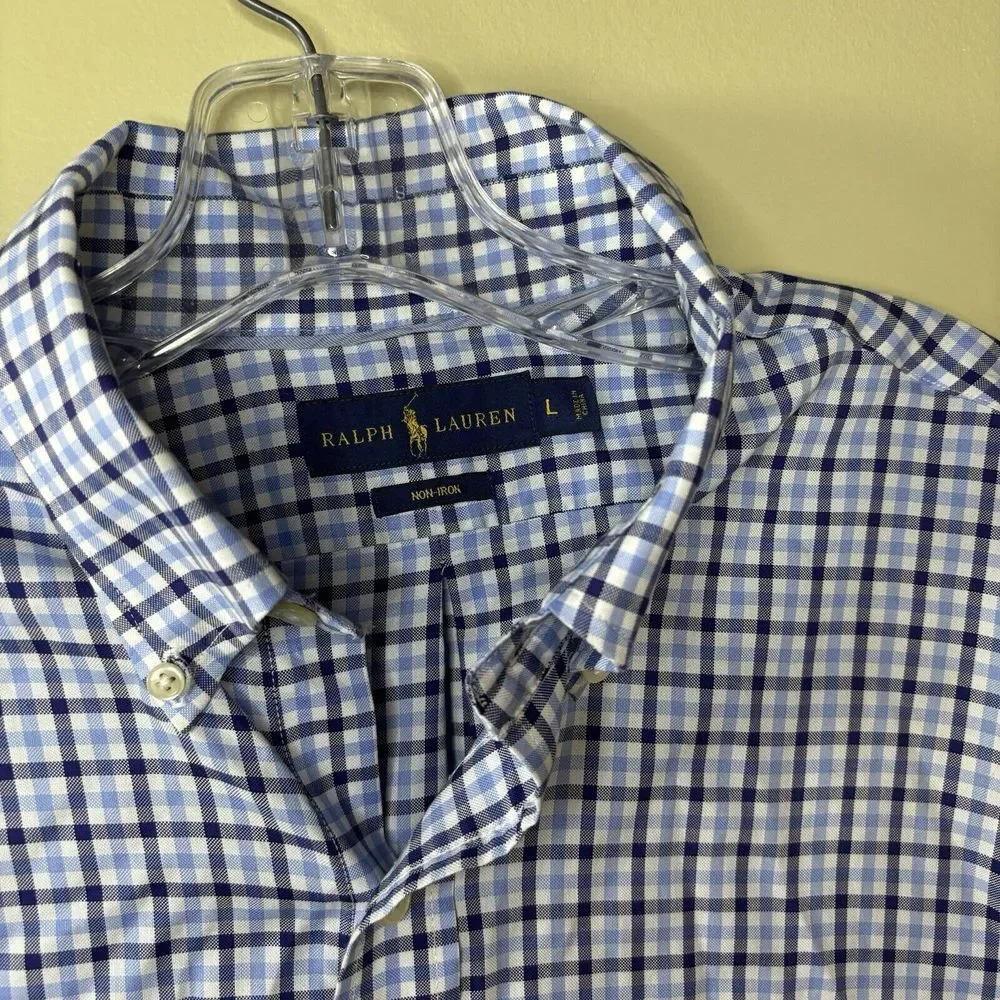 Mens Ralph Lauren Large Collared Dress Shirt Blue‎ Checkered Horse Polo Logo
